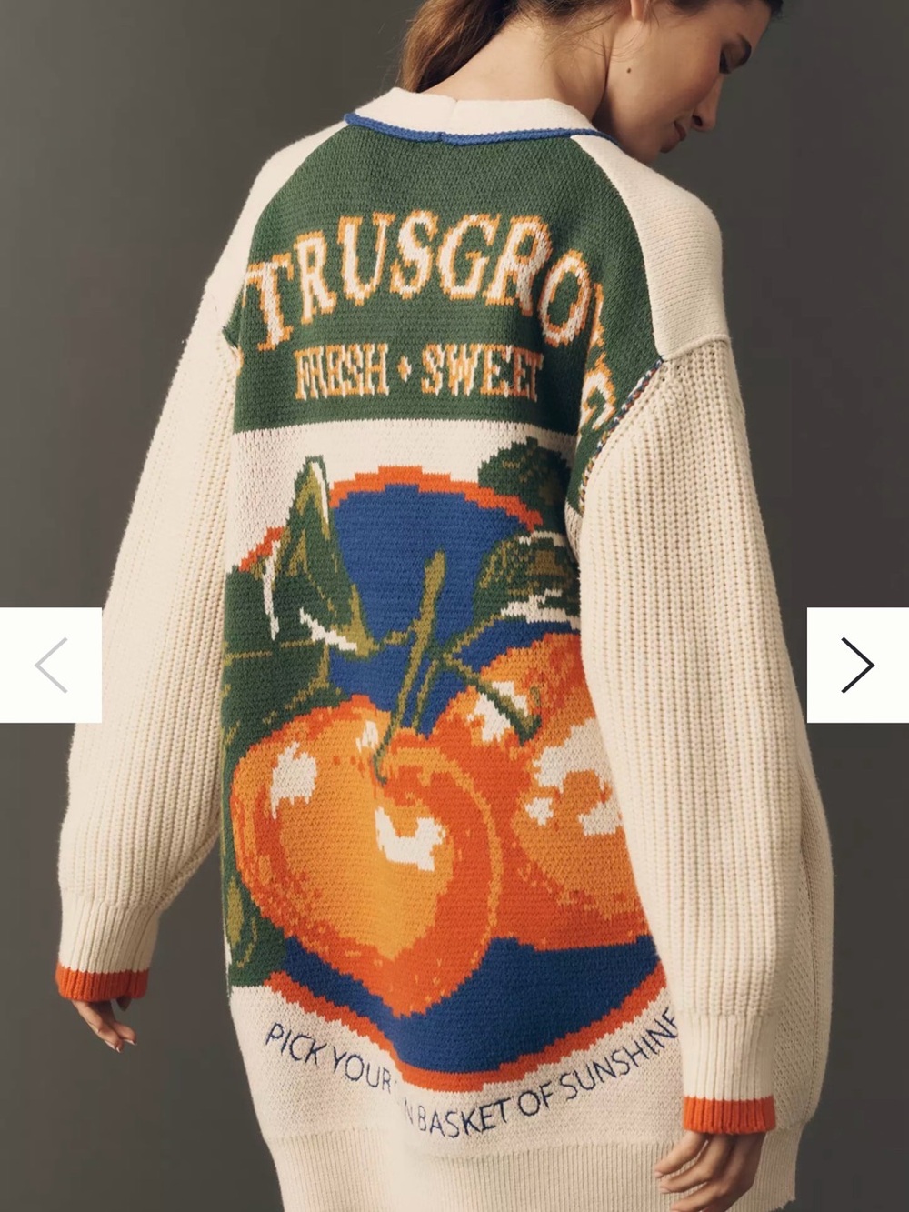 Maeve Cream Sweater Cardigan with Green & Orange Fruit Graphic